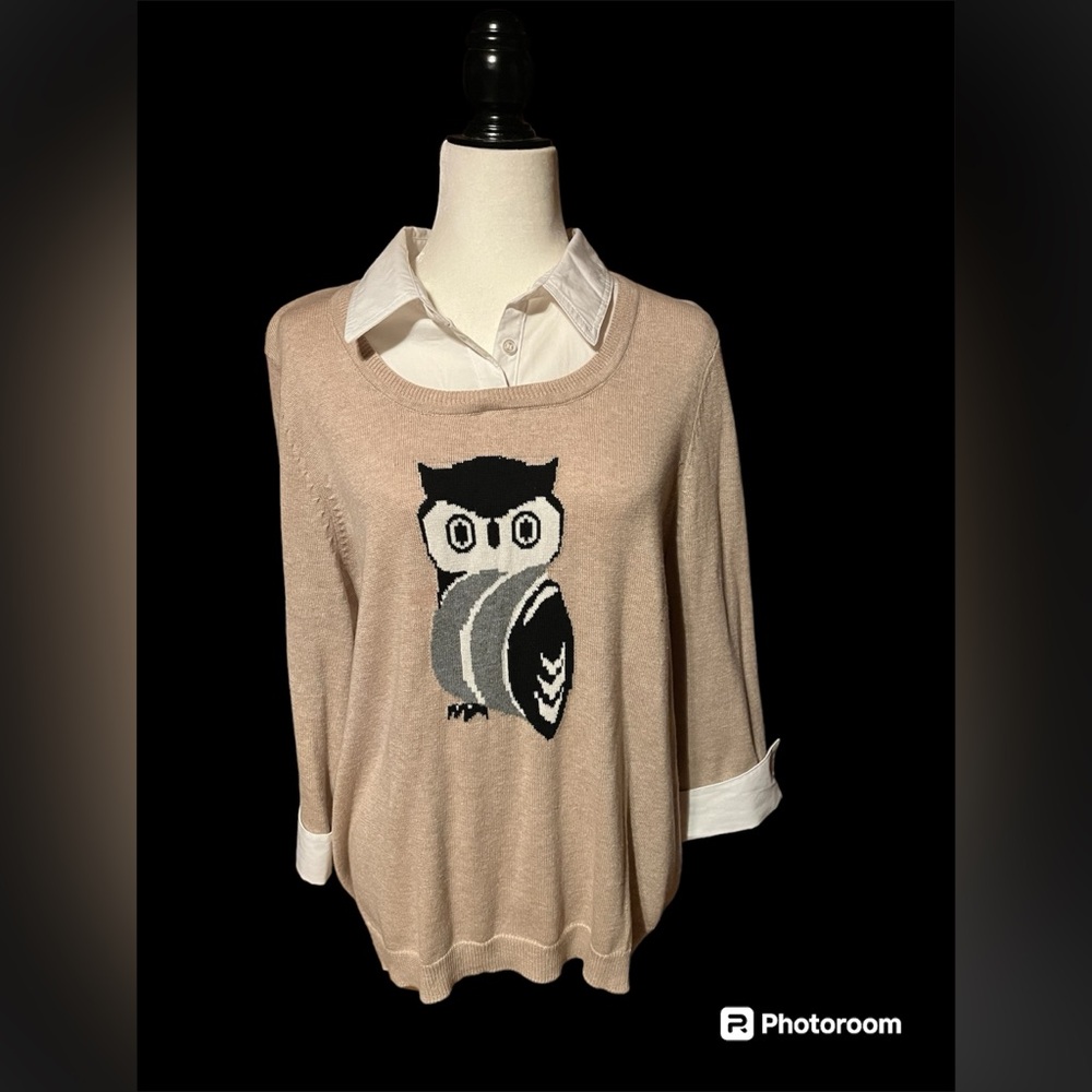 Notations Lightweight Knit Sweater with Beige Owl Design 1X